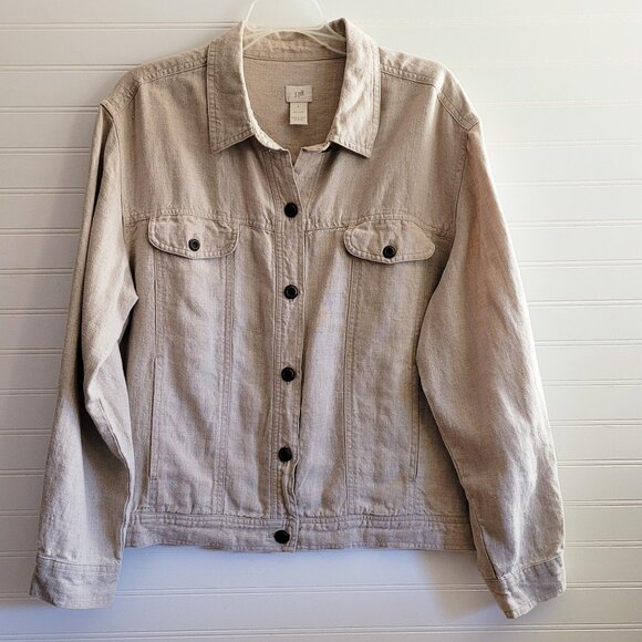 J. Jill Jacket Womens Large Beige Linen Coastal Neutral Jean Jacket Style - Picture 1 of 9